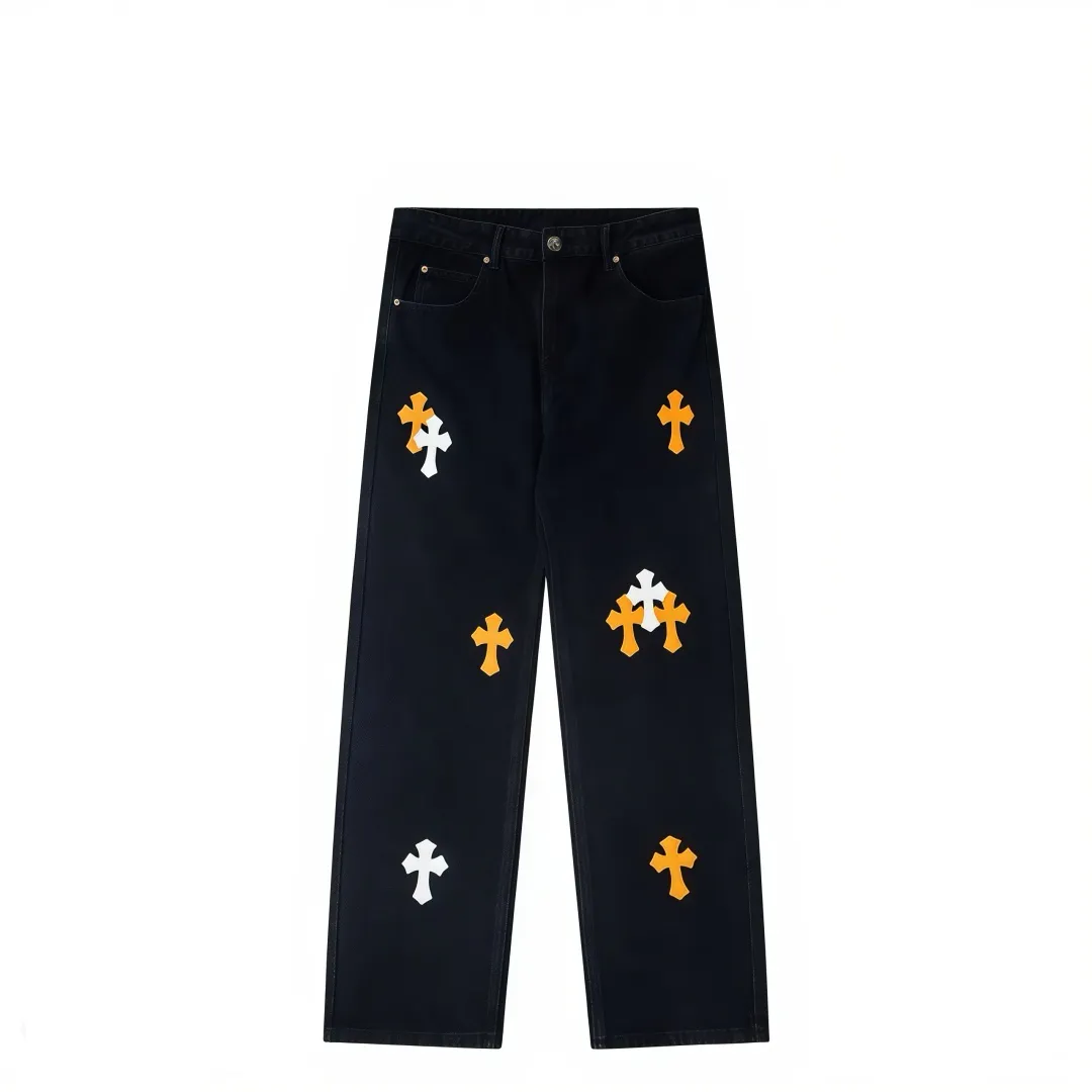 P210 💰 Chrome Hearts & CH city limited series Sanskrit cross patch patchwork leather jeans need to be washed and then disassembled and hand-stitched with sheepskin cross leather and then spliced ​​together to complete. The whole piece requires too much craftsmanship to explain. The texture can be seen in the hand, and it looks good. The styles with different washed textures are very friendly to people with thin legs and thick legs. The straight version is very flattering to the leg shape. The moderate length is timeless and can be matched easily and casually. It is the basic styling foundation for various styles and is a must-have in the wardrobe! The fabric is stiff but also makes the upper body soft without losing texture. The washing process is even more perfect. It is a must-have item for everyone! ! ! Washed wheat, hang tag, pants label, three labels are complete, the upper body effect is particularly stiff and stylish, super stylish, same style for men and women - Color: Size: 28 30 32 34 36